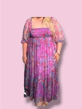 Storia Pink & Purple Floral Midi Dress with Puff Sleeves